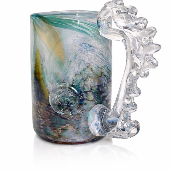 Hand-Blown Art Glass Mug~ Sculptural Handle Blue & Green Swirl ⭐️ NWOT